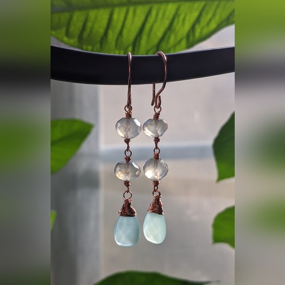 Artisan Chalcedony Earrings Copper Wire Wrapped Gemstone Jewelry - Picture 4 of 16